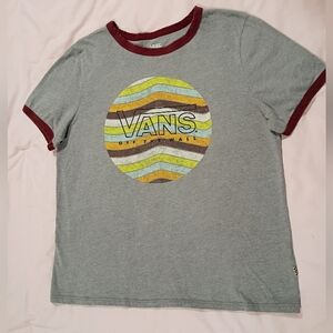 Vans Women's Gray Tee with Colorful Logo And Maroon Trim